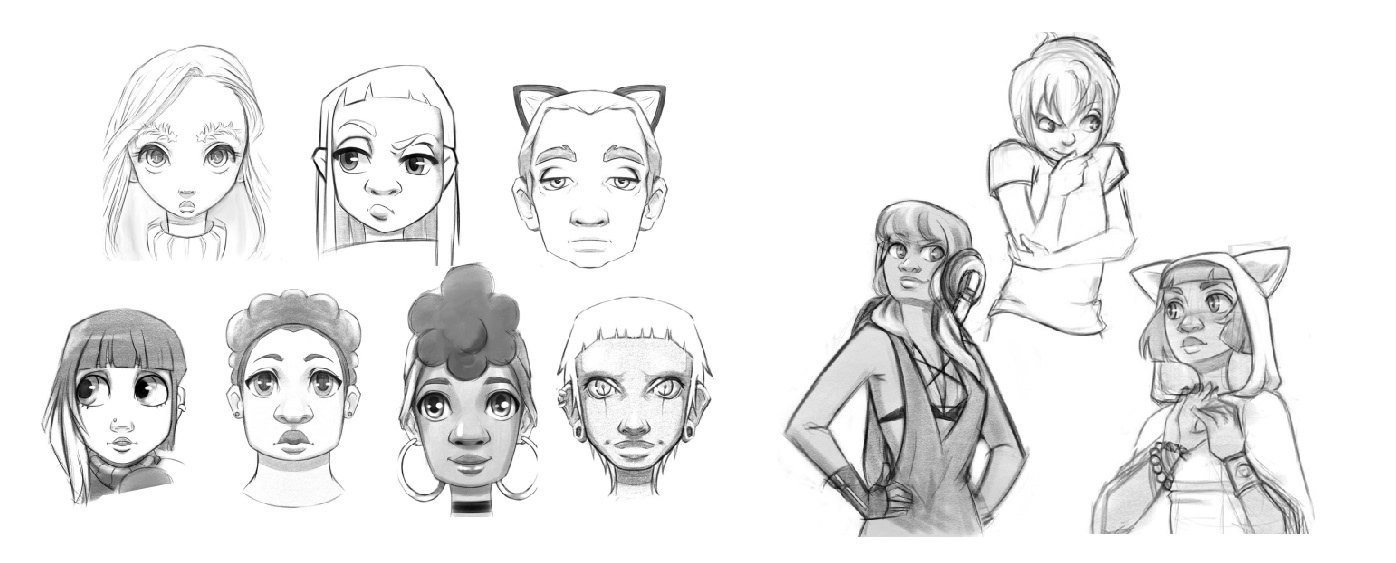 Early character sketches exploring different avatar face styles