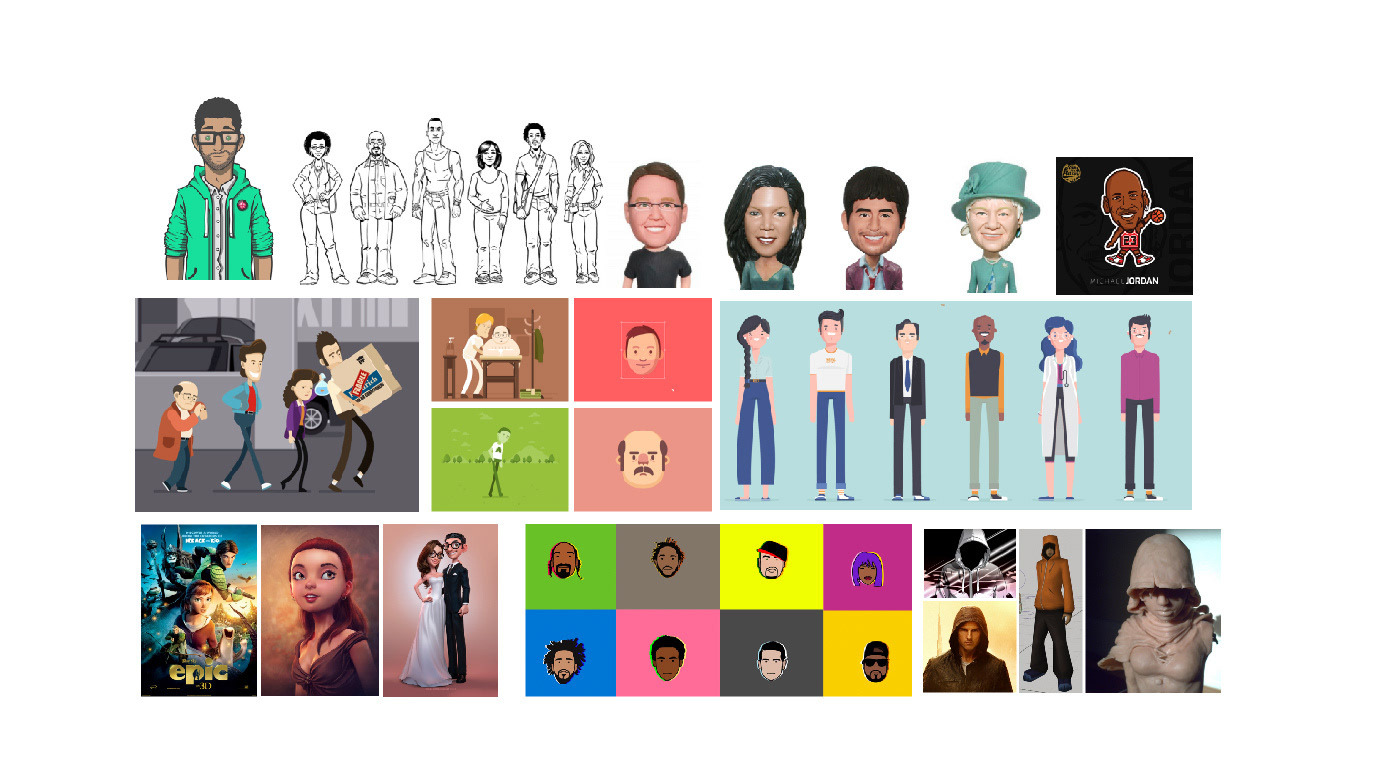 Avatar style research board spanning anime, comic, and photo-real references