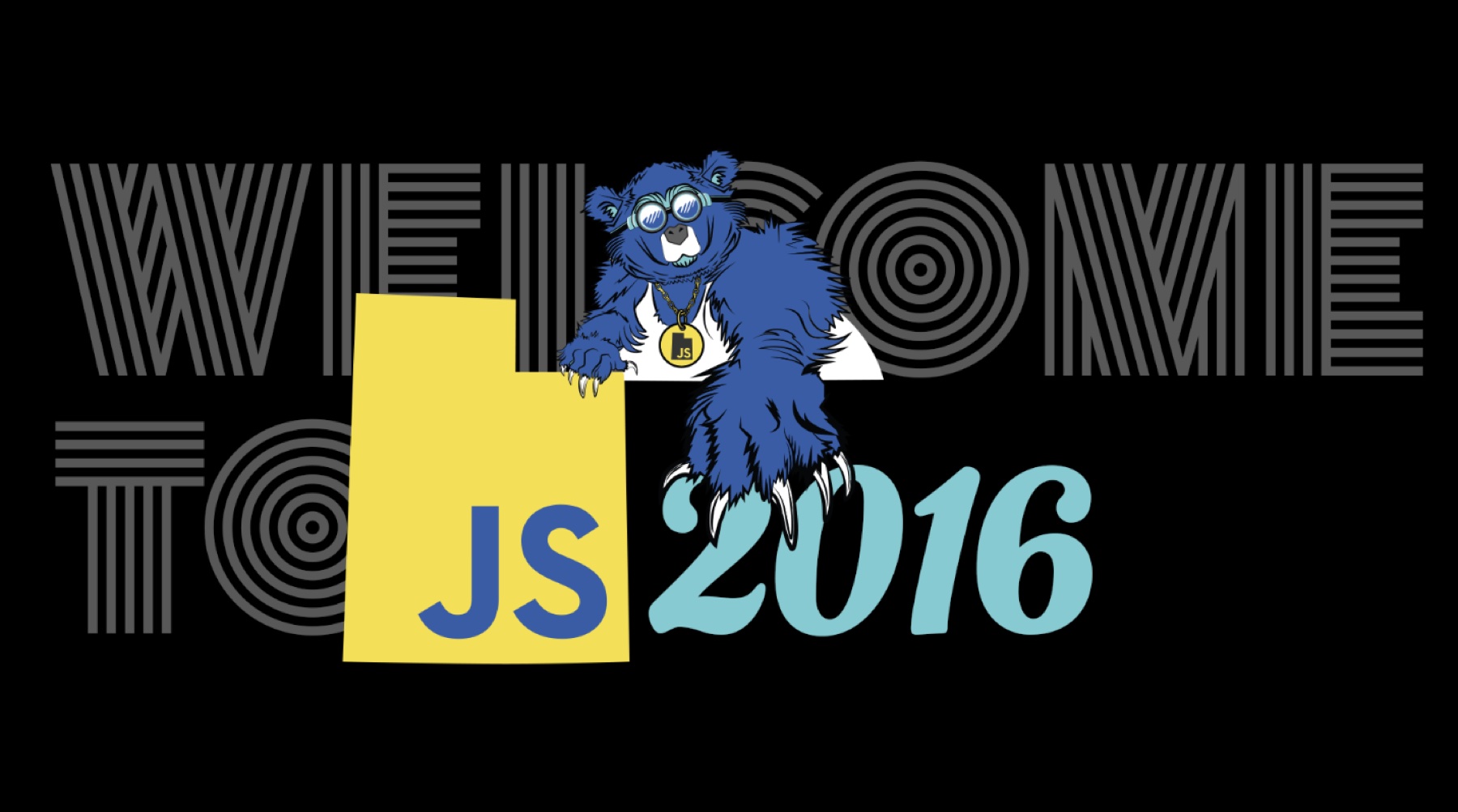 Welcome to UtahJS 2016 banner, DJ bear mascot