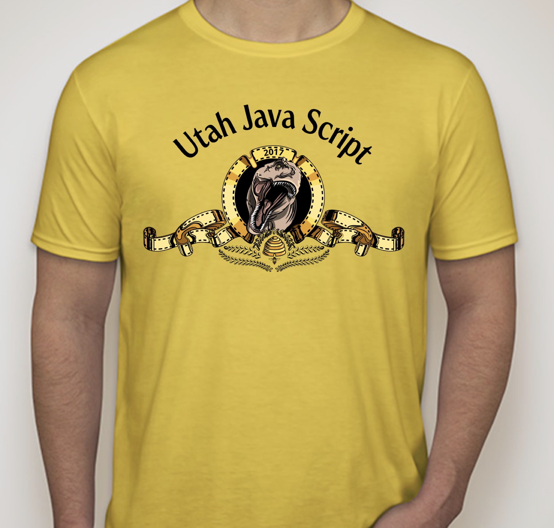 UtahJS 2017 yellow t-shirt, Utah Java Script vintage cinema roaring dinosaur design