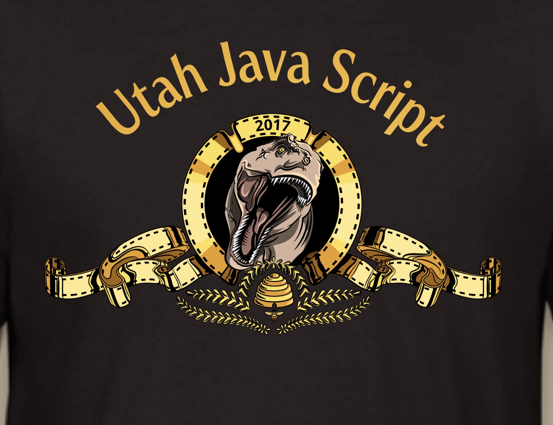 UtahJS 2017 black t-shirt detail, roaring dinosaur design