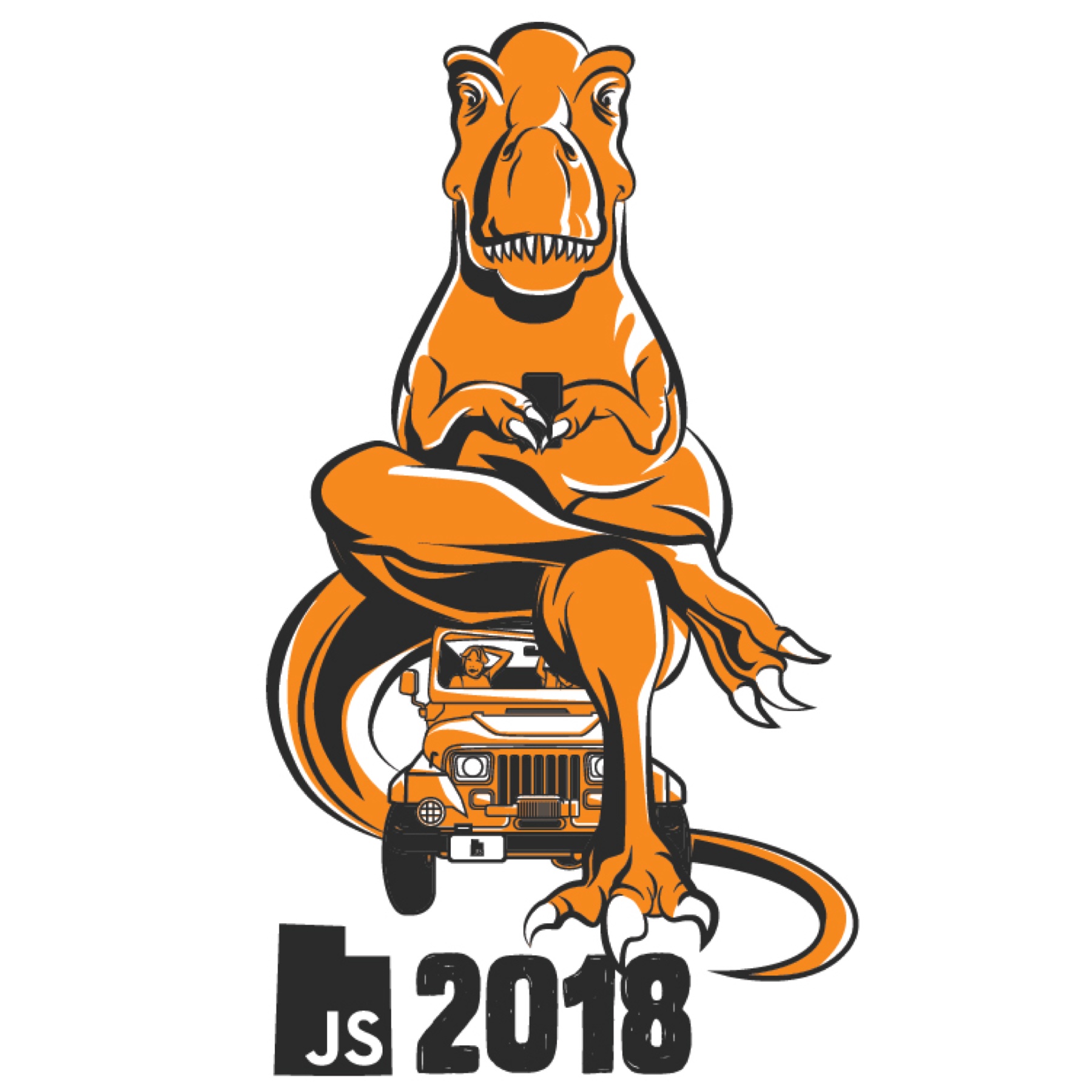 UtahJS 2018 sticker, T-rex riding a Jeep