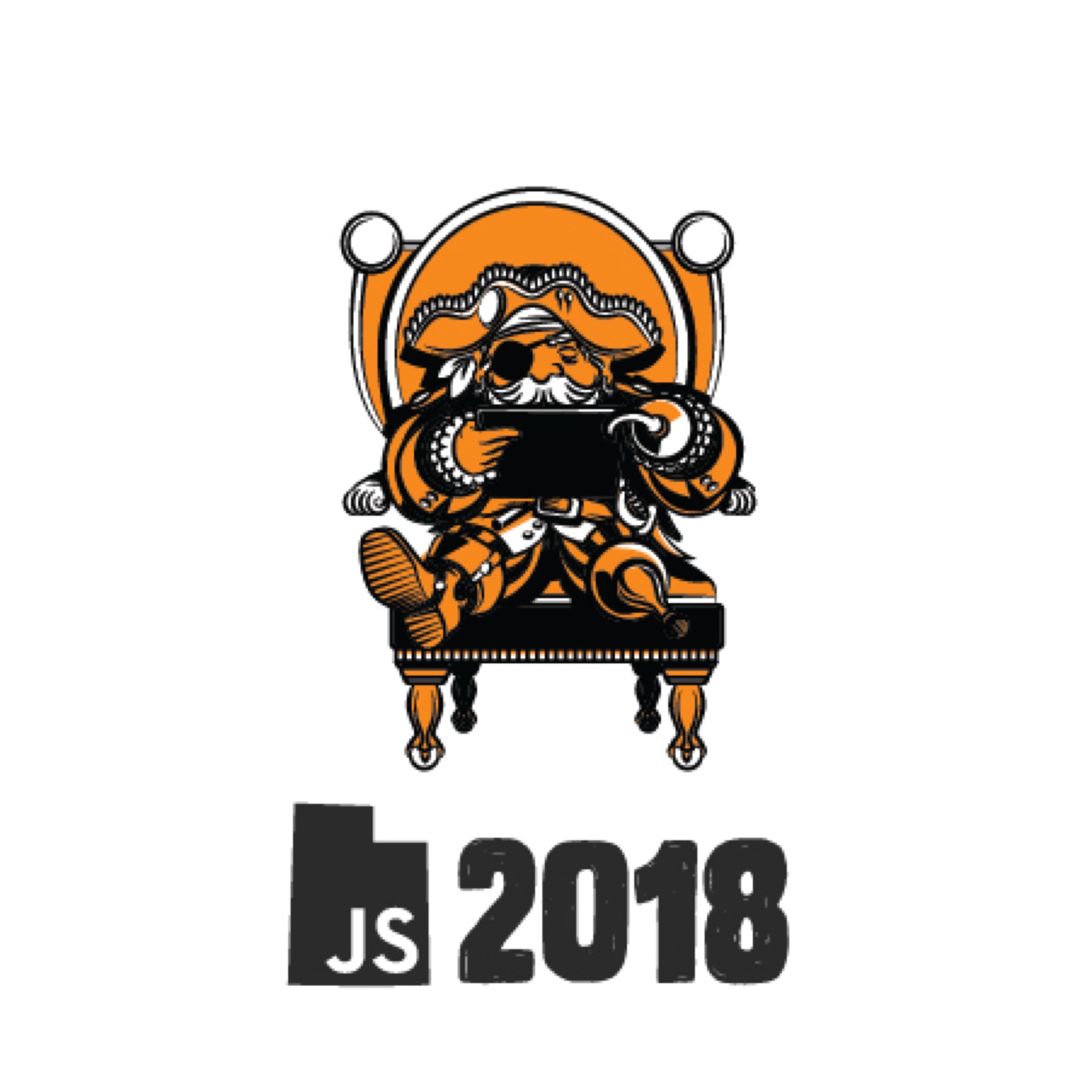 UtahJS 2018 sticker, king on a couch playing on a phone