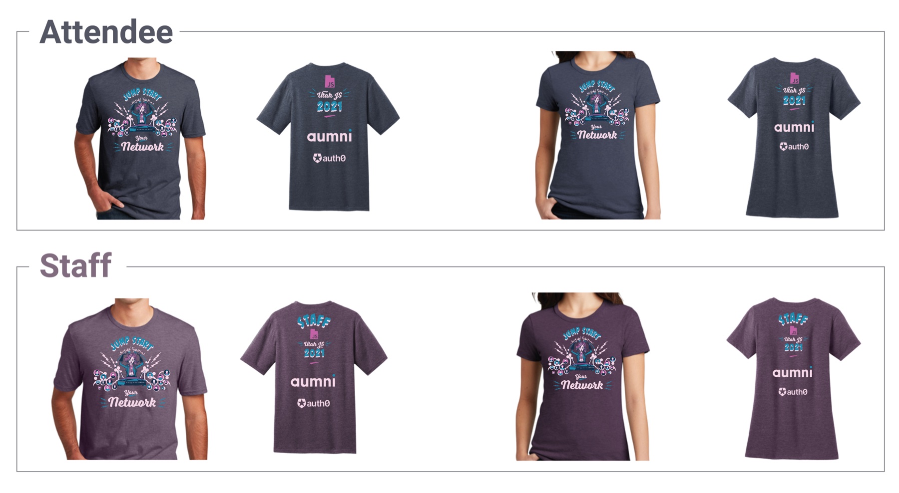 UtahJS 2021 attendee and staff t-shirt spec sheet, sponsored by Aumni and Auth0