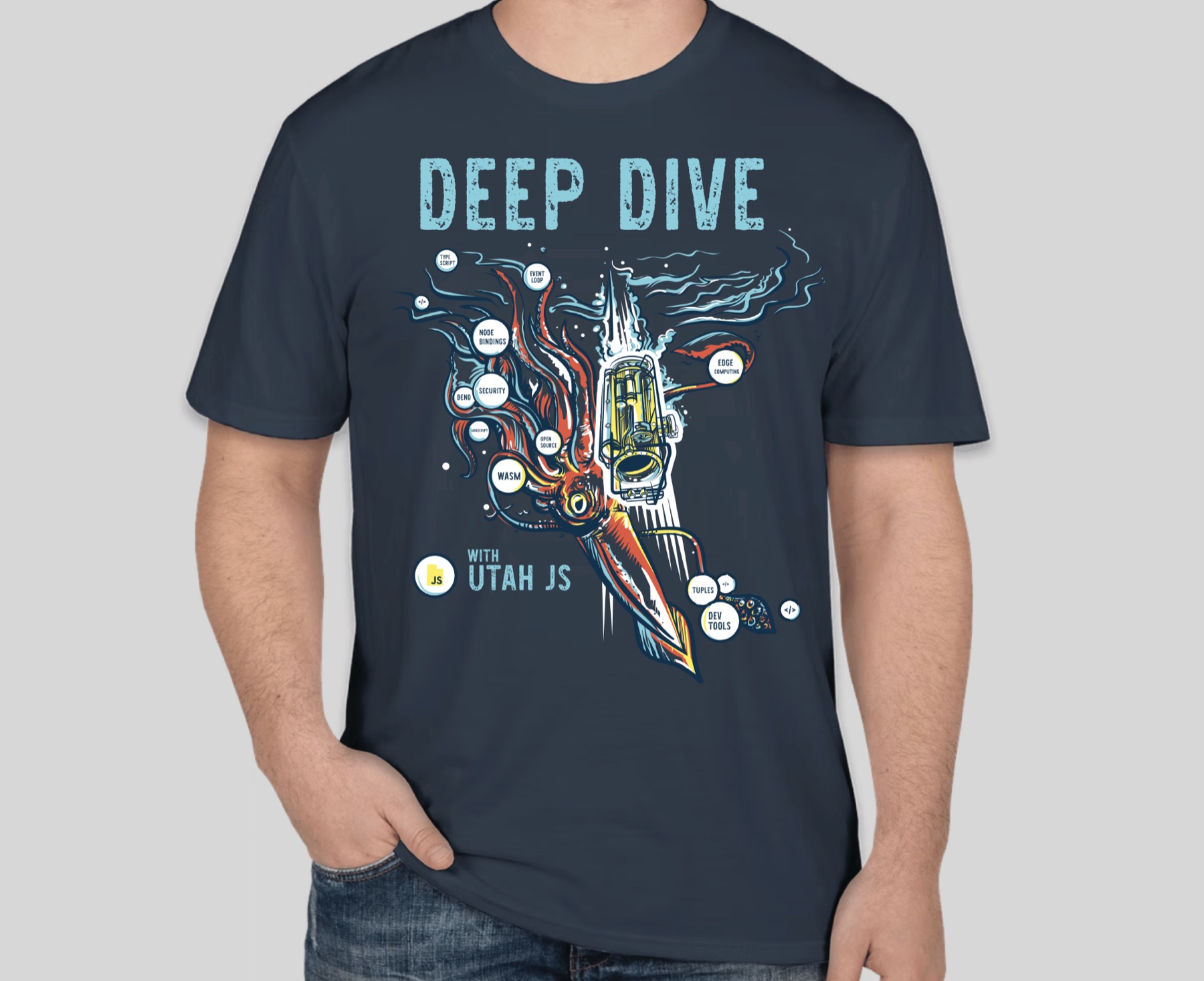 UtahJS 2022 t-shirt front, Deep Dive squid-submarine design