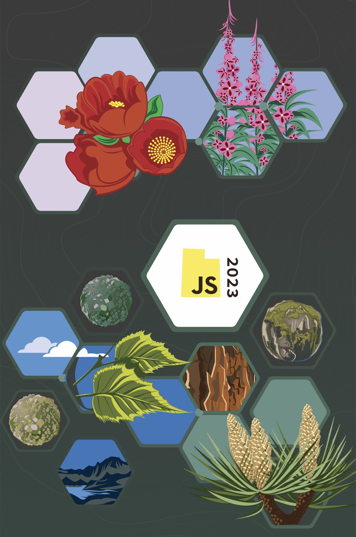 UtahJS 2023 hexagon badge artwork, spring flowers colorway