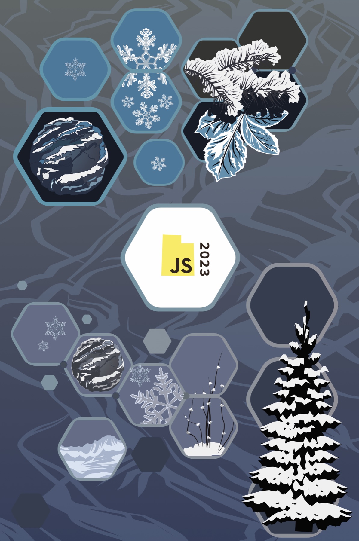 UtahJS 2023 hexagon badge artwork, winter snow colorway