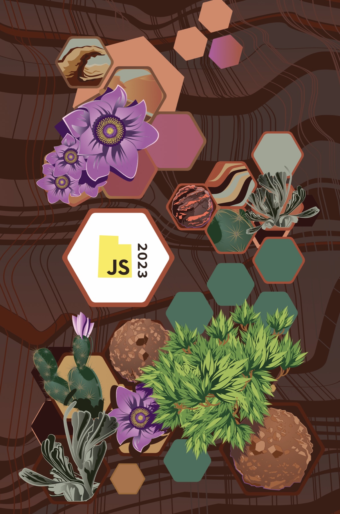 UtahJS 2023 hexagon badge artwork, desert colorway