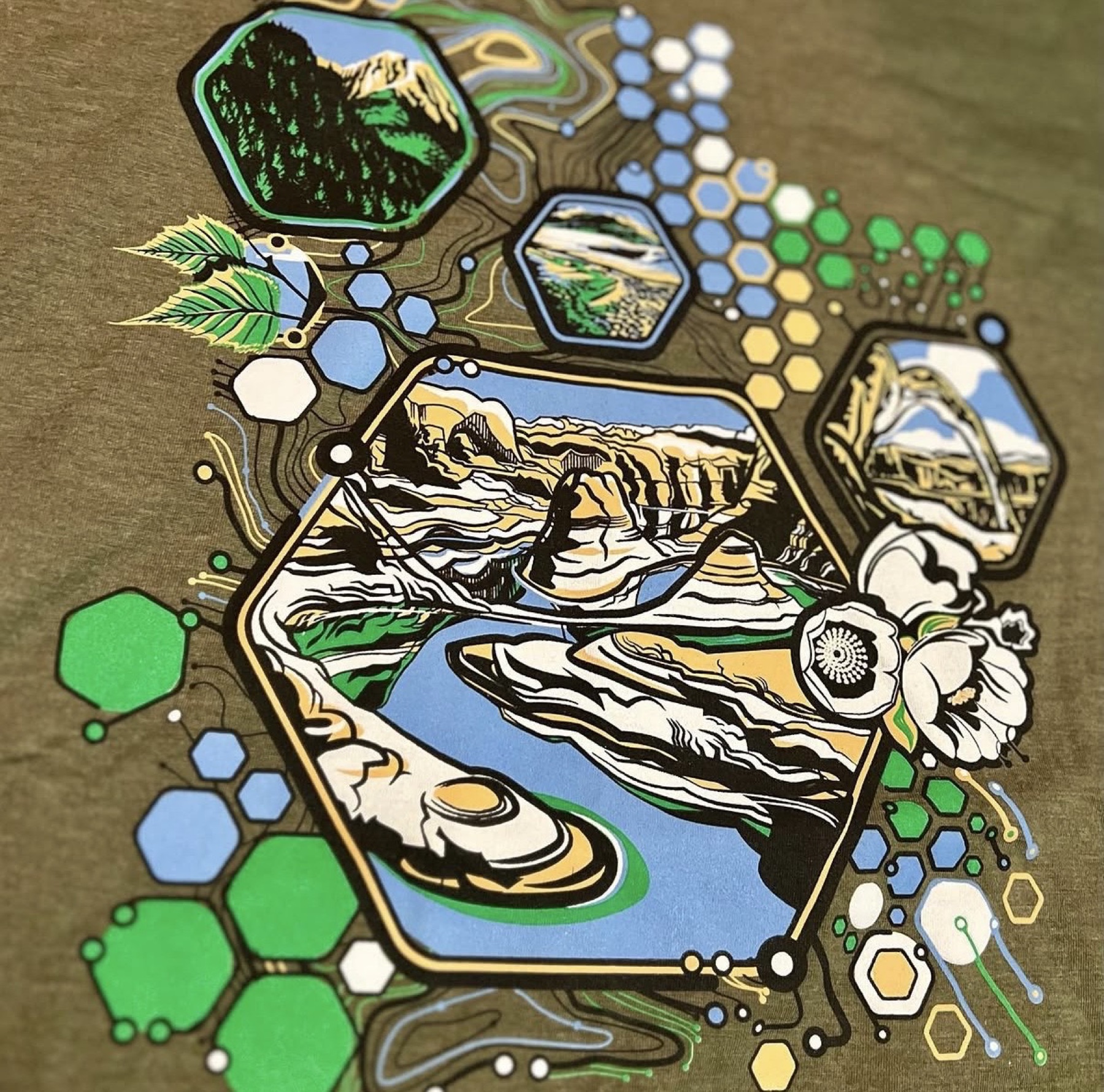 UtahJS 2023 printed shirt, hexagon badge detail