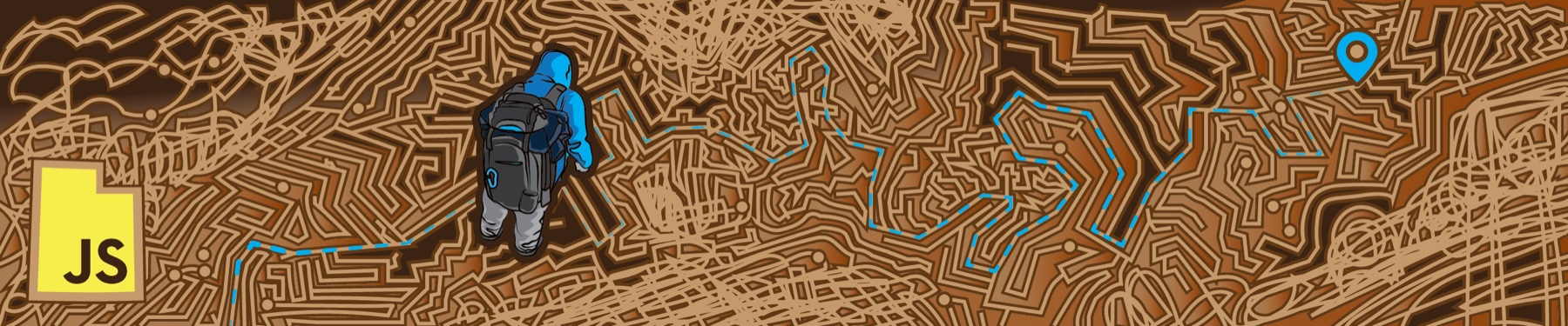 UtahJS 2024 banner, hiker navigating a maze of desert trails