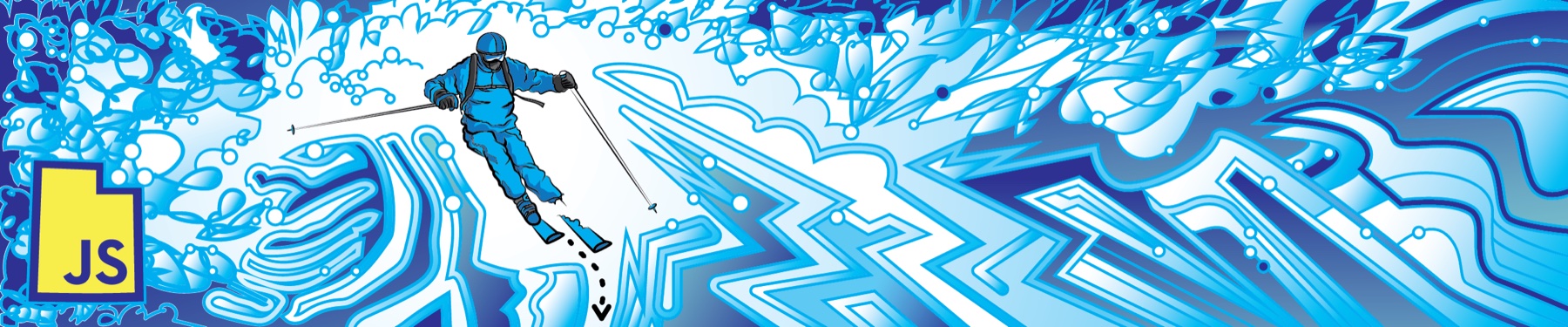 UtahJS 2024 banner, skier navigating a maze of ice