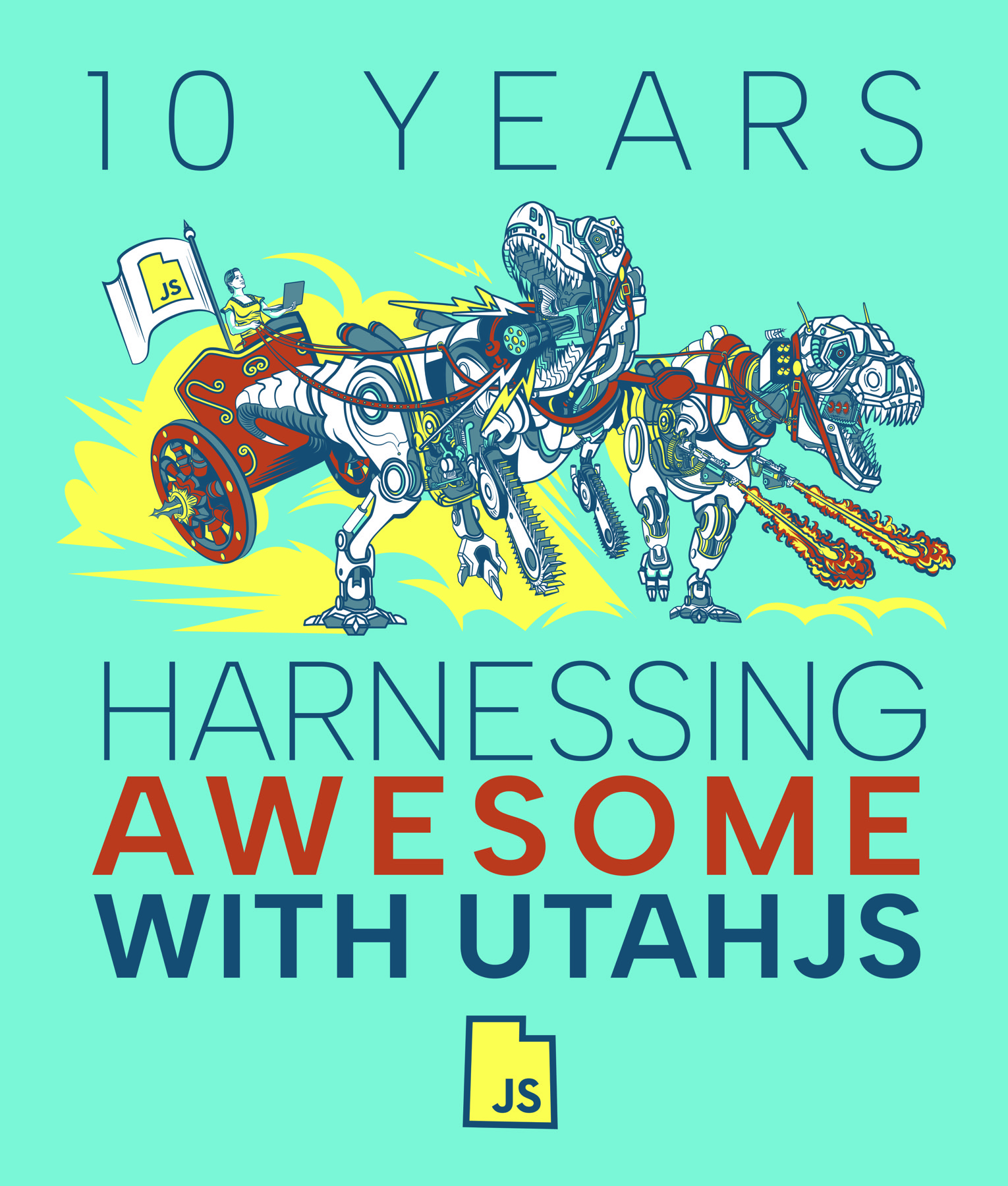 UtahJS 10-year anniversary poster, final teal colorway, dinosaur chariot with rider