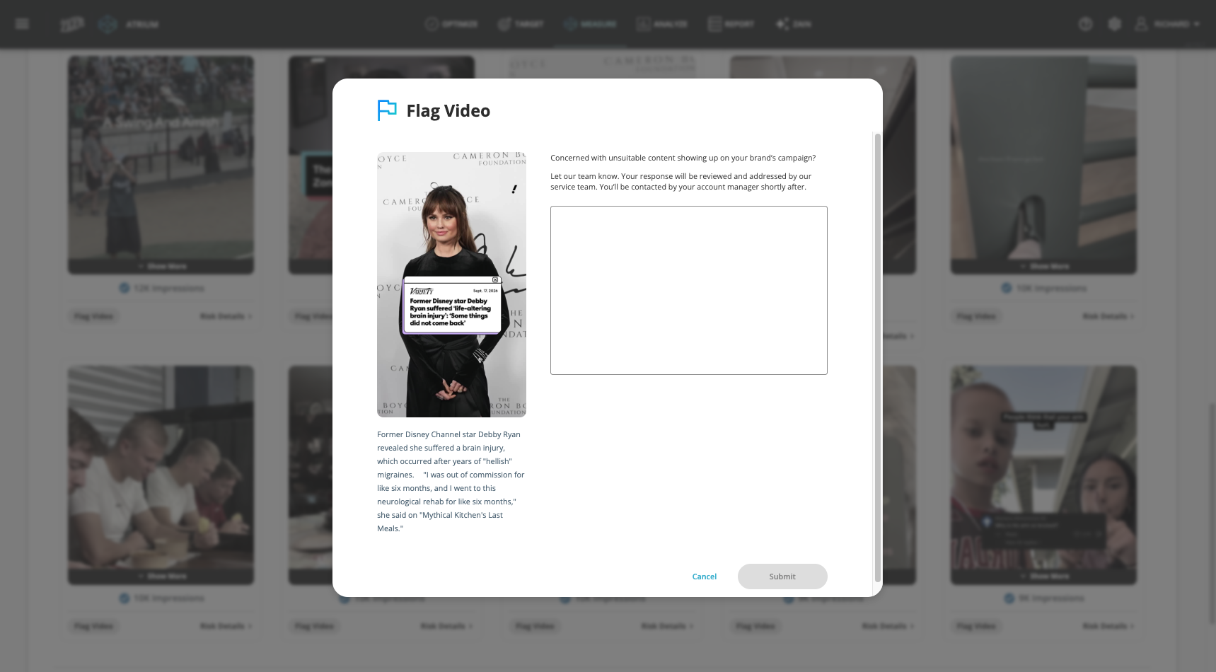 Zefr Flag Video modal for reporting unsuitable content to the account team